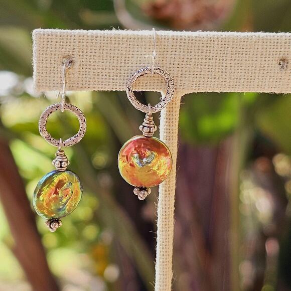 Freshwater Pearl Irrid. Coin Beads Ant. Sterling Etched Earrings - Picture 2 of 7